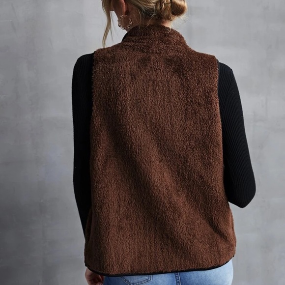 Teddy shearling faux fur waterfall vest jack coat brown black - Picture 3 of 4